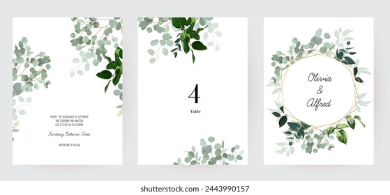 Herbal eucalyptus selection vector frames. Hand painted branches, leaves on white background. Greenery wedding simple minimalist invitations. Watercolor style cards. Elements are isolated and editable