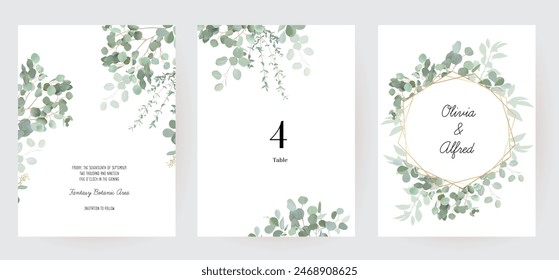 Herbal eucalyptus selection vector frames. Hand painted branches, leaves on white background. Greenery wedding simple minimalist invitations. Watercolor style cards. Elements are isolated and editable