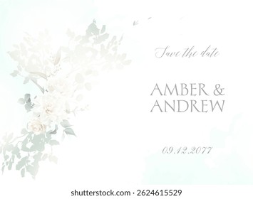 Herbal eucalyptus watercolor vector banner frame. Hand painted branches, rose, dahlia flowers on white background. Greenery wedding invitation. Watercolor card. All elements are isolated and editable