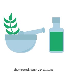 herbal extract preparation kit, mortar and pestle and bottle of green liquid vector illusration