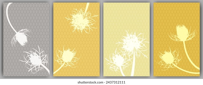 Kräuterblumenkarten Vektor-Design. Rustikale flauschige Löwenzahn. Sommerkarten. Feldblütenknospen symbolisieren ein verliebtes Paar. In: Medical Plants Illustration. Aromatische Grasknospen.
