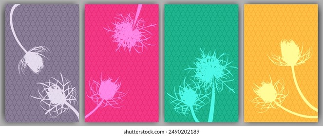 Herbal floral cards vector design. Rustic fluffy dandelions. Spring cards. Wild flower buds symbolising couple in love. Medical plants illustration. Carrot or dandelion blossom silhouettes.