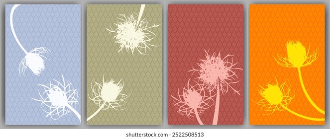 Herbal floral cards vector design. Rustic fluffy dandelions. Spring cards. Field flower buds symbolising couple in love. Healing plants illustration. Carrot or dandelion blossom silhouettes.