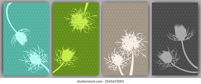 Herbal floral cards vector design. Abstract fluffy dandelions. Field flower buds symbolising couple in love. Medical plants illustration. Carrot or dandelion blossom engravings.