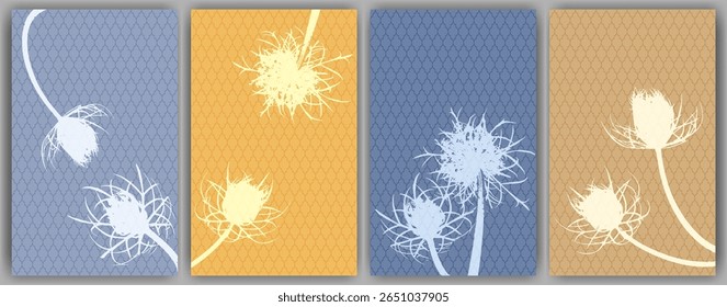 Cartas florais de ervas design vetorial. Abstrato dentes fofos. Flores de campo simbolizando casal apaixonado. Ilustração de plantas médicas. Silhuetas de flores de cenoura ou dente-de-leão.