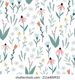 Herbal floral seamless pattern. Hand drawn colorful flowers, plants, leaves. Spring, summer set. Wild garden, meadow design. Echinacea, chamomile, cornflower and tulips. Vector illustration background