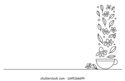 Herbal flower tea. Cup of hot medicinal drink. Line drawing. Vector. Antiviral agent