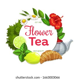 Té de hierbas y flores, plantilla de diseño de paquete vectorial. Té negro y verde en tetera con sabores de hibiscos naturales sanos, limón y gamomile, menta y melissa con cruasán