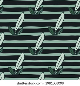 Herbal foliage seamless pattern with outline leaf outline shapes. Striped background. Doodle style. Perfect for fabric design, textile print, wrapping, cover. Vector illustration.