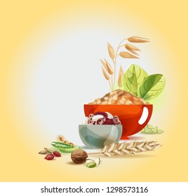Herbal food. Cereal, bean. Vegetarianism and the basics of a healthy diet. Natural Organic Food
