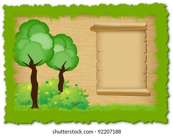Herbal frame with green meadow, tree, bushes and old parchment