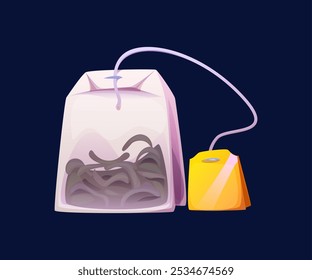 Bolsa de té de hierbas, frutas y bayas. Vector de dibujos animados aislado Pequeño, paquete poroso, hecho de papel, que contiene hierbas y hojas secas naturales, para la elaboración de bebidas calientes y bebidas, relajación y bienestar