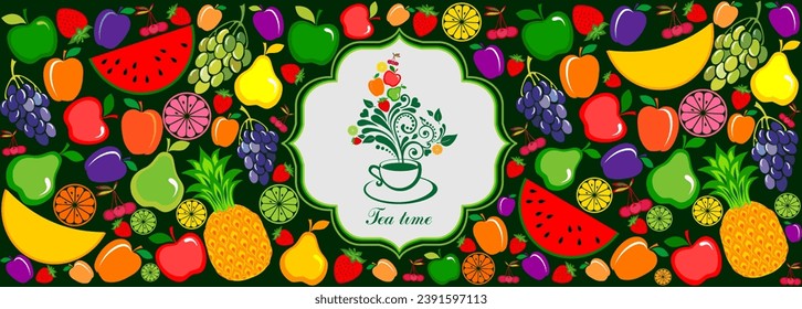 Fruta herbaria Ilustración vectorial del té. Té de fiesta. Marco redondo natural vintage con frutas. Diseño para el té de hierbas y frutas, cosméticos naturales, dulces, productos de alimentación y de salud. Se puede utilizar como registro