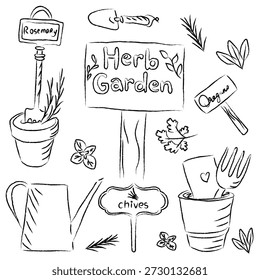 Kräutergarten Werkzeuge Set mit handgezeichneter Gartenausrüstung für Bio-Botanik-Illustration