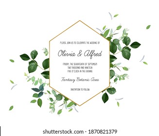 Herbal geometric vector frame. Hand painted plants, branches, leaves on a white background. Greenery wedding simple invitation template. Watercolor style card. All elements are isolated and editable