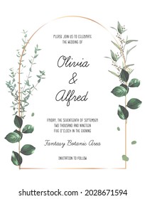 Herbal Geometric Vector Frame. Hand Painted Plants, Branches, Leaves On A White Background. Greenery Wedding Simple Invitation Template. Watercolor Style Card. All Elements Are Isolated And Editable