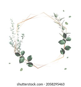 Herbal geometric vector frame. Hand painted plants, branches, leaves on a white background. Greenery wedding simple invitation template. Watercolor style card. All elements are isolated and editable