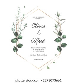 Herbal geometric vector frame. Hand painted plants, branches, leaves on a white background. Greenery wedding simple invitation template. Watercolor style card. All elements are isolated and editable