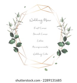 Herbal geometric vector frame. Hand painted plants, branches, leaves on a white background. Greenery wedding simple invitation template. Watercolor style card. All elements are isolated and editable