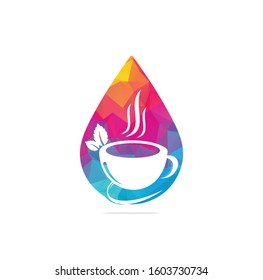 Herbal green tea cup drop shape concept logo. 