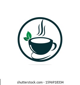 Herbal green tea cup logo. Green leaf with mug logo, green leaf with tea cup logo concept.	