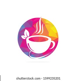Herbal green tea cup logo. Green leaf with mug logo, green leaf with tea cup logo concept.	
