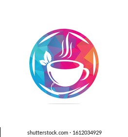 Herbal green tea cup logo. Green leaf with mug logo, green leaf with tea cup logo concept.	