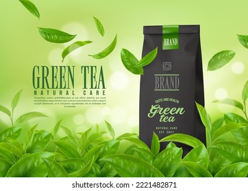 Herbal green tea leaves packaging and tea plantation. Vector background with falling leaves, 3d organic product bag. Natural beverage advertising with blur defocused effect realistic poster