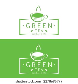 Herbal Green Tea Logo Design. Green Tea In A Cup Vector Illustration. Healthy Drink icon.