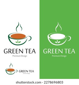 Diseño del logotipo del té verde vegetal. Té Verde En Una Ilustración Vector De Copa. Icono de Bebida saludable.