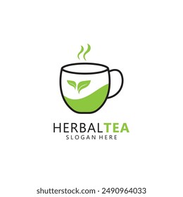 Herbal Green Tea Logo Design. Green Tea In A Cup Vector Illustration. Healthy Drink icon.