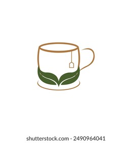 Diseño de logotipo de té verde herbal. Té Verde En Una Taza De Ilustración vectorial. Icono de Bebida Saludable.
