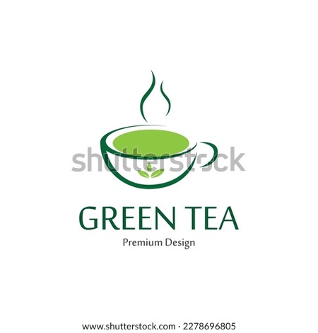 Herbal Green Tea Logo Design. Green Tea In A Cup Vector Illustration. Healthy Drink icon.