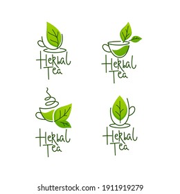 herbal green tea,  vector collection of line art logo, labels, emblems with lettering composition