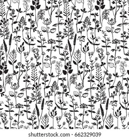 Herbal hand drawn seamless pattern. Floral black and white wallpaper.