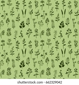 Herbal hand drawn seamless pattern. Floral green wallpaper.