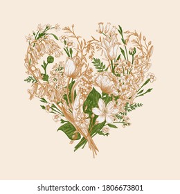 Herbal heart. Floral bouquet. Summer and spring flowers and herbs. Vector botanical illustration. Isolated.