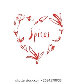 Herbal heart shape with handwritten spices text in playful minimal red botanical line art style