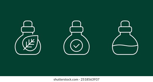 herbal homeopathic medicine, potion bottles icons, line vector