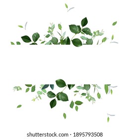 Herbal horizontal vector frame. Hand painted plants, branches, leaves on a white background. Greenery wedding simple invitation template. Watercolor style card. All elements are isolated and editable