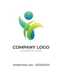 herbal human logo template, people and leaf combination logo with 3d green color style