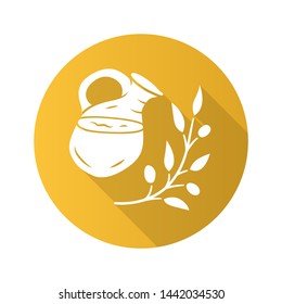 Herbal ice tea jar flat design long shadow glyph icon. Summer natural refreshing drink. Organic and eco beverage. Water, juice with mint. Glass jug and plant branch vector silhouette illustration