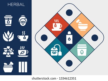 herbal icon set. 13 filled herbal icons.  Collection Of - Body oil, Mortar, Chewing gum, Wellness, Tea, Aloe vera, Spa, Tea bag