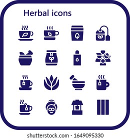 herbal icon set. 16 filled herbal icons. Included Tea, Tea bag, Mortar, Body oil, Wellness, Aloe vera, Spa, Well, Chewing gum icons svg