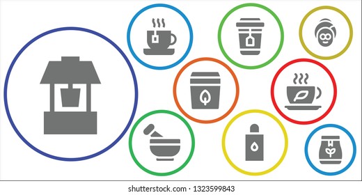 herbal icon set. 9 filled herbal icons.  Simple modern icons about  - Well, Tea, Mortar, Body oil, Tea bag, Spa