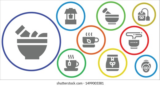 herbal icon set. 9 filled herbal icons.  Simple modern icons about  - Mortar, Well, Tea, Tea bag, Spa