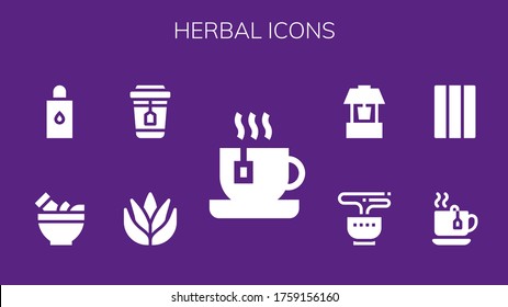 herbal icon set. 9 filled herbal icons.  Simple modern icons such as: Tea, Aloe vera, Mortar, Body oil, Chewing gum, Well svg