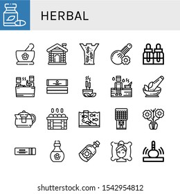 herbal icon set. Collection of Herbal, Herbs, Sauna, Leech therapy, Essential oils, Chewing gum, Incense, Herb, Teapot, Fish therapy, Aromatic, Skin oil, Essential oil, Spa icons