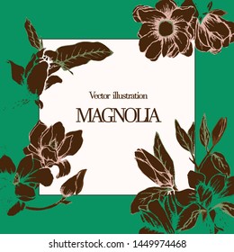 Herbal illustration on label packaging design. Hand drawn vector with magnolia