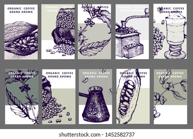 Herbal illustration on label packaging design. Hand drawn vector botanic set with flowers, coffee